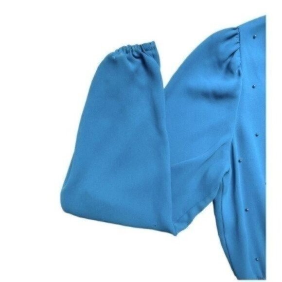 VTG 80s Balloon Long Sleeve Ruffle Midi Dress Blue Pearl Front Accent Women’s 10 - Picture 5 of 13